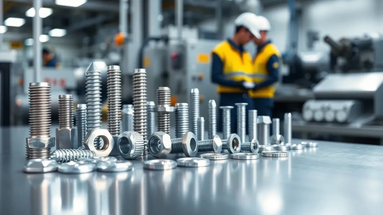 Industrial fasteners — bolts, nuts and washers — on the production floor at Sharp Steel & Alloys, Mumbai